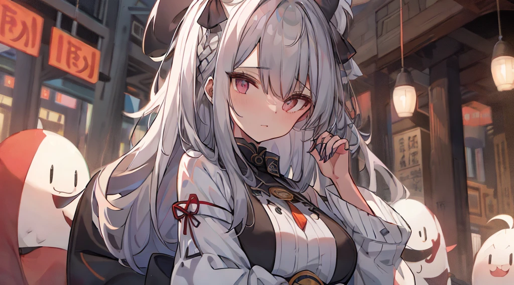 top-quality、Top image quality、tmasterpiece、girl vs.......((18yr old、White dress、best bust、Bust 85、A white-haired woman、Long gray hair、grey-eyed、red string，Black nails，we open our hearts、Happy、return blood)）high high quality、visual art、Background with((Black and white world))、Kurosawa film style
