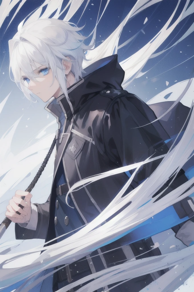 boy, white hair, blue eyes, black hunter clothing