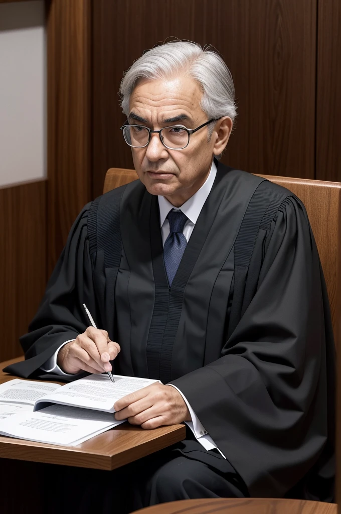 An image of Alexandre de Moraes, a Brazilian Supreme Court Justice, portrayed as a middle-aged man with short, neatly styled gray hair, wearing a black judicial robe with the insignia of the Brazilian Supreme Court. He has a focused and contemplative expression, seated at a desk in a judicial chamber, surrounded by law books and legal documents