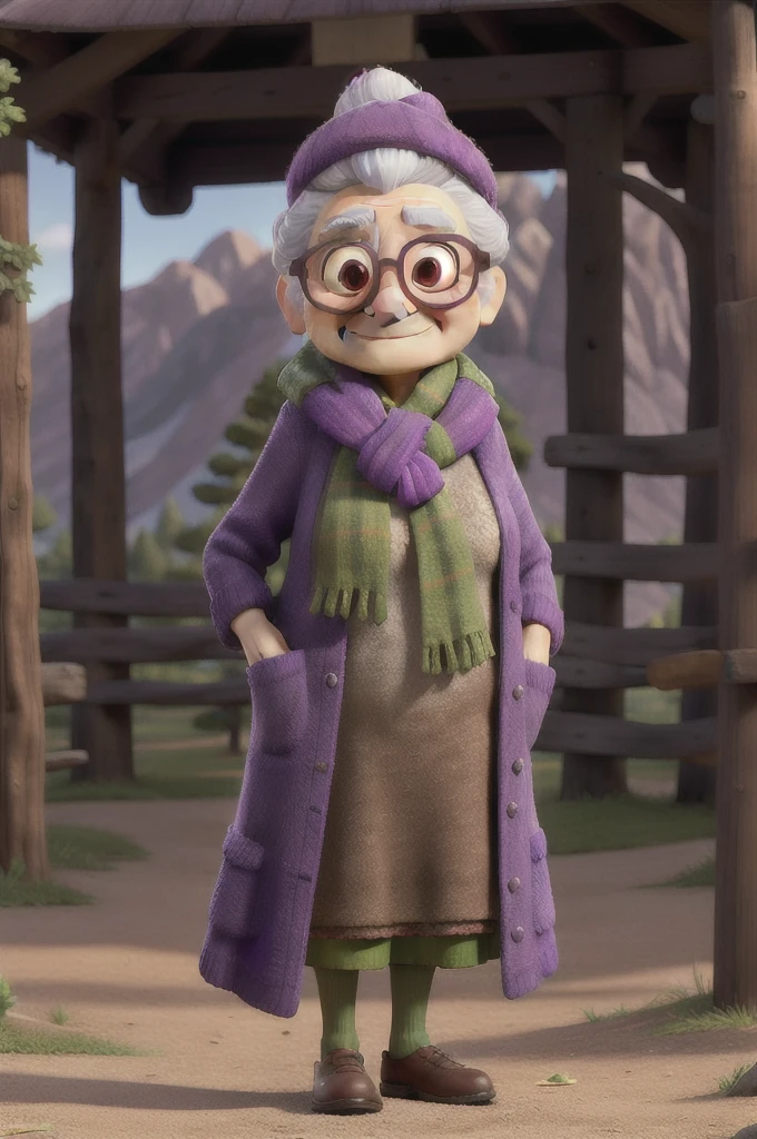 masterpiece, best quality, an old woman with glasses and a scarf on, wearing a purple coat and green scarf, standing at the park