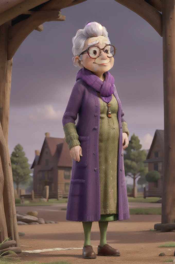 masterpiece, best quality, an old woman with glasses and a scarf on, wearing a purple coat and green scarf, standing at the park