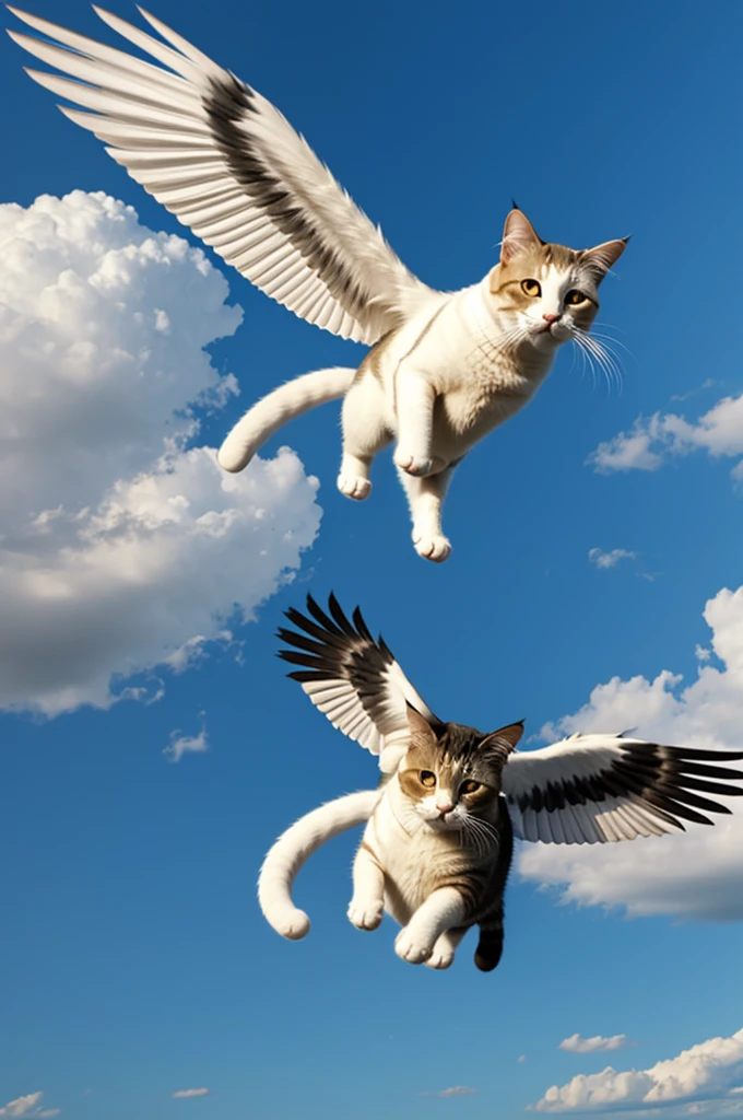 cat with wings, flying freely in the air Realistic 