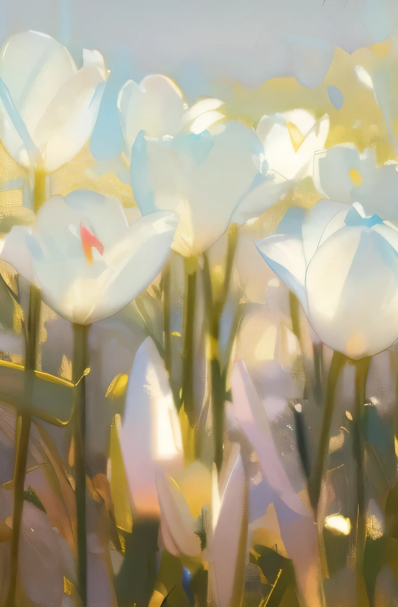 there are many white flowers that are growing in the grass, white flowers, detailed white, white, tulips, pleasant environment, soft white glow, Serenity and elegance, shadow, view from below, Graceful and luxurious, its beauty is astonishing, tulip, Graceful and luxurious, flower with long petals, flowers bloom, oil painting style,brush strokes,Impressionism,Sunlight,pastel tones
