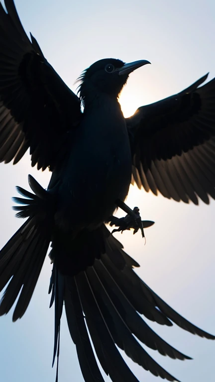 A black silhouette of a bird in flight, wings spread wide. The bird is facing upward, with a streamlined body and long tail feathers. The outline is smooth and defined, set against a plain white background.
