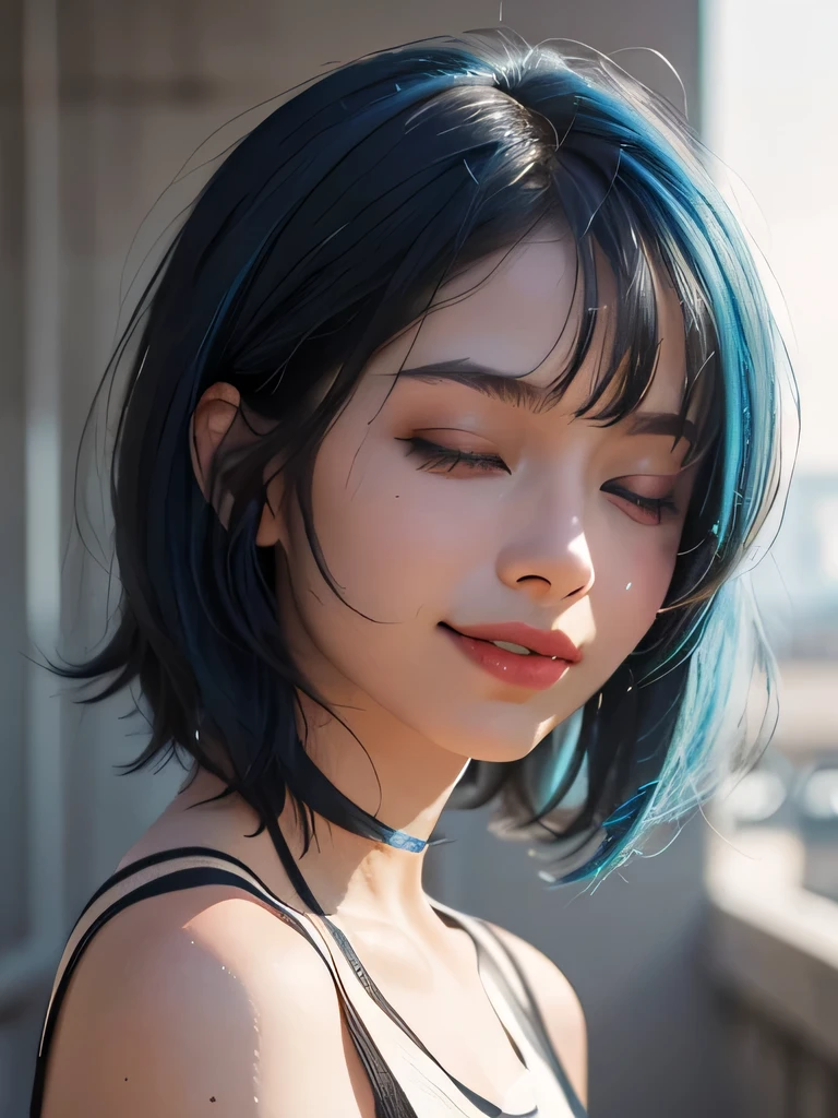 (best quality, 4k, 8k, high-res, masterpiece:1.2), ultra-detailed, (realistic, photorealistic, photo-realistic:1.37), (beautiful detailed eyes, beautiful detailed lips, extremely detailed eyes and face), studio lighting, physically-based rendering, vivid colors, (two-tone color, black & white), (tank top), (portrait, bob cut, shiny blue hair, shiny skin), (blurred background), (tilt your head to the side:1.5), (smile while closing one's eyes),