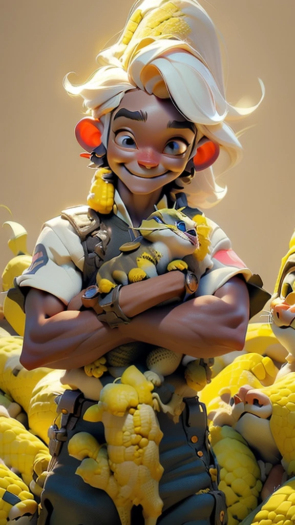Male, corn face, cute boy, Peru flag, background, Panthers protecting the corn, corn bodies with eyes and smile