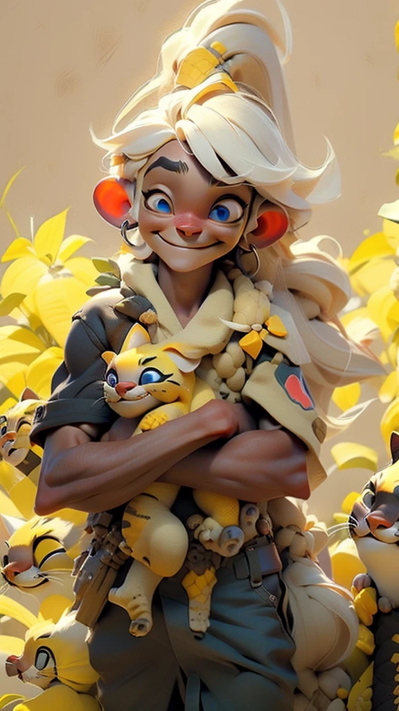 Male, corn face, cute boy, Peru flag, background, Panthers protecting the corn, corn bodies with eyes and smile
