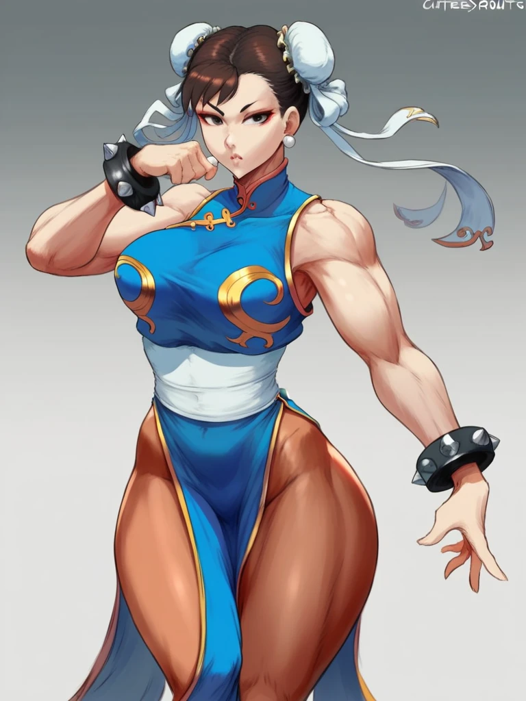 csr style, cutesexyrobutts style, muted pastel colors, medium , Chun-Li, In this image, Chun-Li is depicted in her classic outfit, a tight pink qipao dress with gold trim, emphasizing her strong yet feminine physique. Her hair is styled in twin ox horns, adorned with white ribbons. She has a confident expression, reflecting her determined and resilient character from the "Street Fighter" series. The art style combines realism with anime influences, characterized by smooth shading, detailed muscle definition, and vibrant colors. 

AI Art Prompts: 
- "Chun-Li in her classic pink qipao dress with gold trim, confident expression, twin ox horns hairstyle with white ribbons, realistic anime style, smooth shading, detailed muscles, vibrant colors"
- "Chun-Li, Street Fighter, classic outfit, confident, strong, feminine, anime realism, detailed shading, vibrant art"

Chun-Li's expression is best described as confident and slightly challenging, indicative of her readiness for a fight and her inner strength.