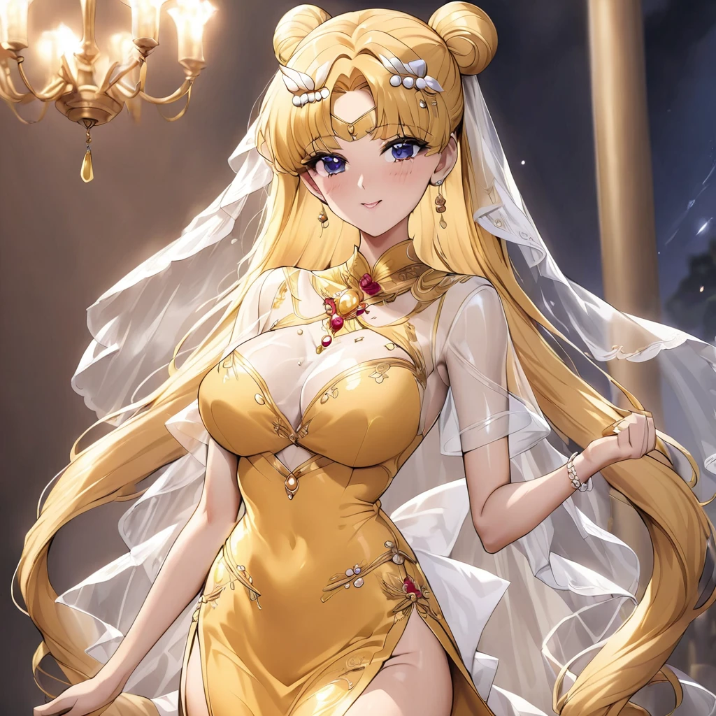 ((Highest quality)), ((masterpiece)), (detailed), （Perfect Face）、The woman is wearing a luxurious, glittering, gold-embroidered, shiny, see-through gold Chinese dress with a long slit, a gold veil, a gold see-through cape, a gorgeous hair ornament, and gorgeous jeweled accessories.、The woman is the elegant Tsukino Usagi, with long blonde hair in a chignon twin tail.