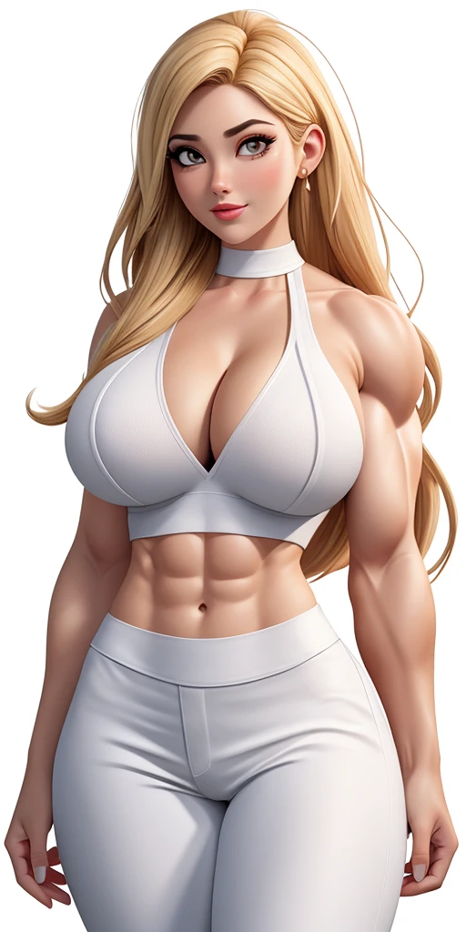 Masterpiece, highly detailed, high res, dynamic, A image of a woman in a white top and white pants, ((((Massive breasts)))), (muscular), ((((huge muscles)))) fanart da coelhinha lola, commission for high resolution, CO Commission, Gwen Stacy, corpo perfeitamente sombreado, Emma Geada, Retrato de Emma Frost, Deusa loira, desenhado no estilo de artgerm, em roupas brancas, corpo perfeito sombreado realista, Betty Cooper, It's not artgerm style, ((((Massive breasts)))), (muscular), ((((huge muscles))))