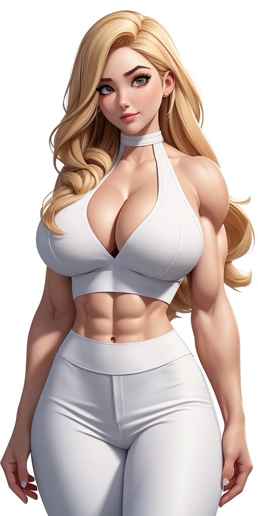 Masterpiece, highly detailed, high res, dynamic, A image of a woman in a white top and white pants, ((((Massive breasts)))), (muscular), ((((huge muscles)))) fanart da coelhinha lola, commission for high resolution, CO Commission, Gwen Stacy, corpo perfeitamente sombreado, Emma Geada, Retrato de Emma Frost, Deusa loira, desenhado no estilo de artgerm, em roupas brancas, corpo perfeito sombreado realista, Betty Cooper, It's not artgerm style, ((((Massive breasts)))), (muscular), ((((huge muscles))))
