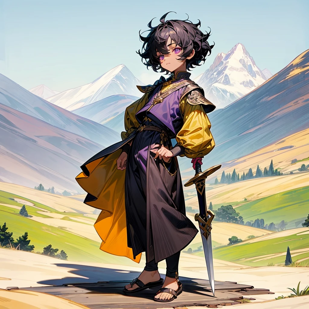 1little boy, Full body version, 1character, purple eyes, black skin, short Curly hair, upturned eyes type, black colour hair, Renaissance clothing, yellow color clothing, Renaissance sandals, two dagger knife silver in hand, wood armor vest, Grassroots background in mountains