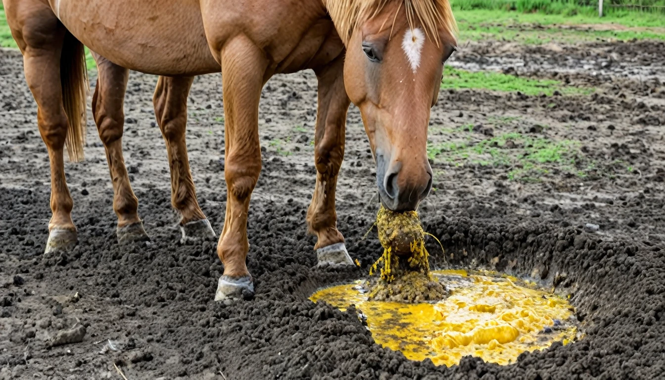 4 big lumps of horse dung excrement oozing out of big horse bum. full rear view (visible bum, anus, legs, hooves, body, head). huge horse penis pouring yellow urine.