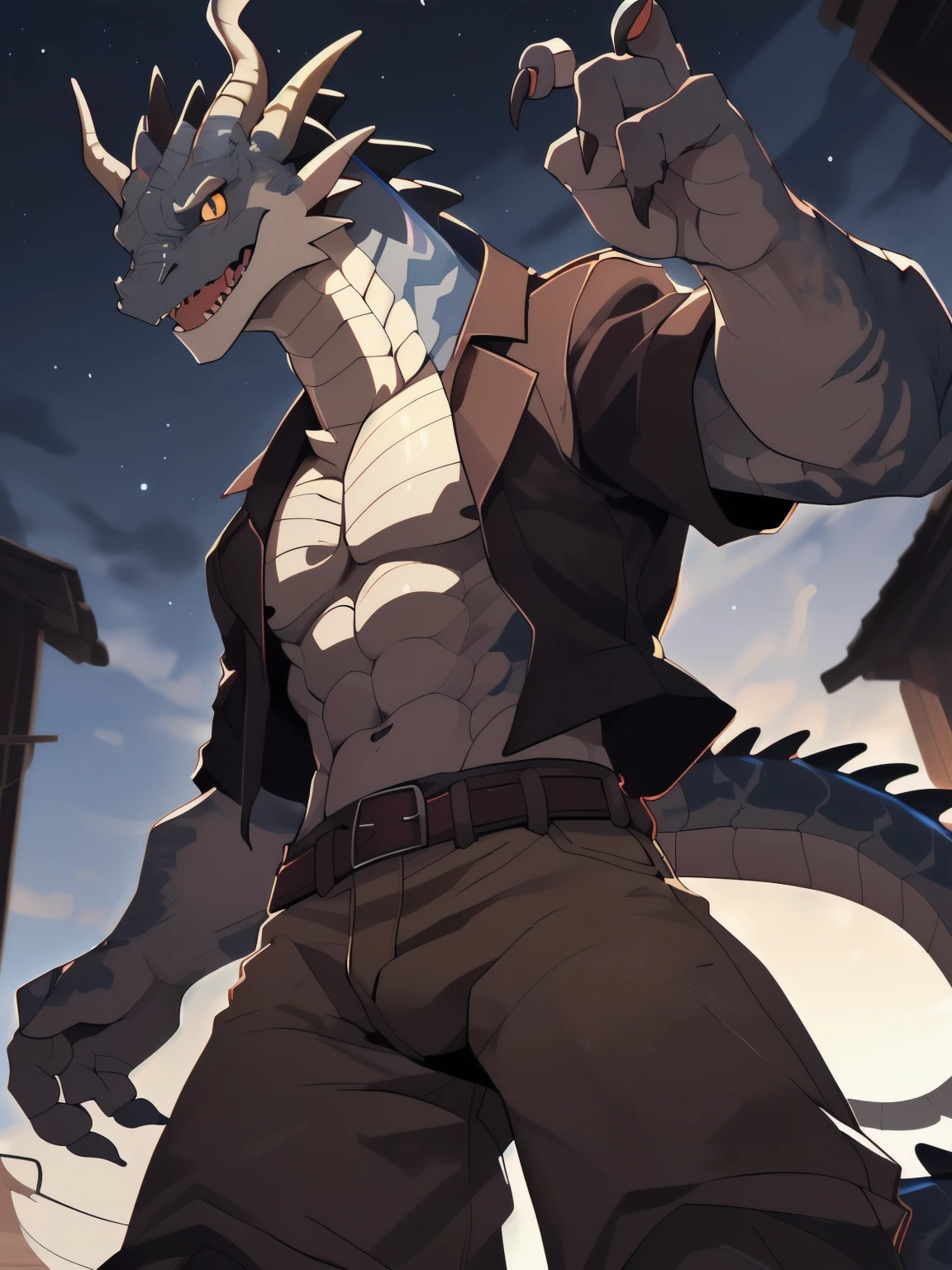 masterpiece, best quality, perfect anatomy, Bright Eyes, Provided by milkytiger,, by k0bit0wani, hairy, dragon,(trigger:0.25), male,( alone:1.1), loose clothes, (open smile:1.1), insidious , looking at camera), cowboy, (night view:0.4),abs, low angle