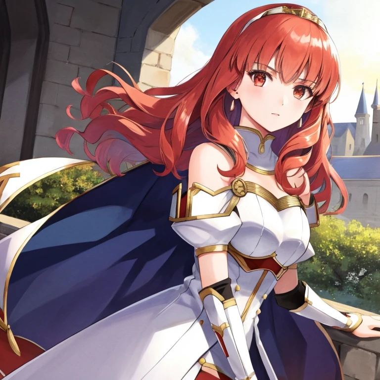 celica fe, 1girl, solo, looking at viewer, castle background, serious, upper body, cape, armor, dress, tiara, bare shoulders