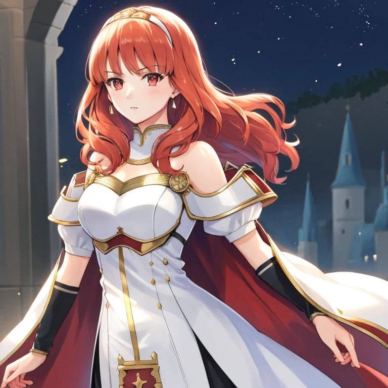 celica fe, 1girl, solo, looking at viewer, castle background, serious, upper body, cape, armor, dress, tiara, bare shoulders