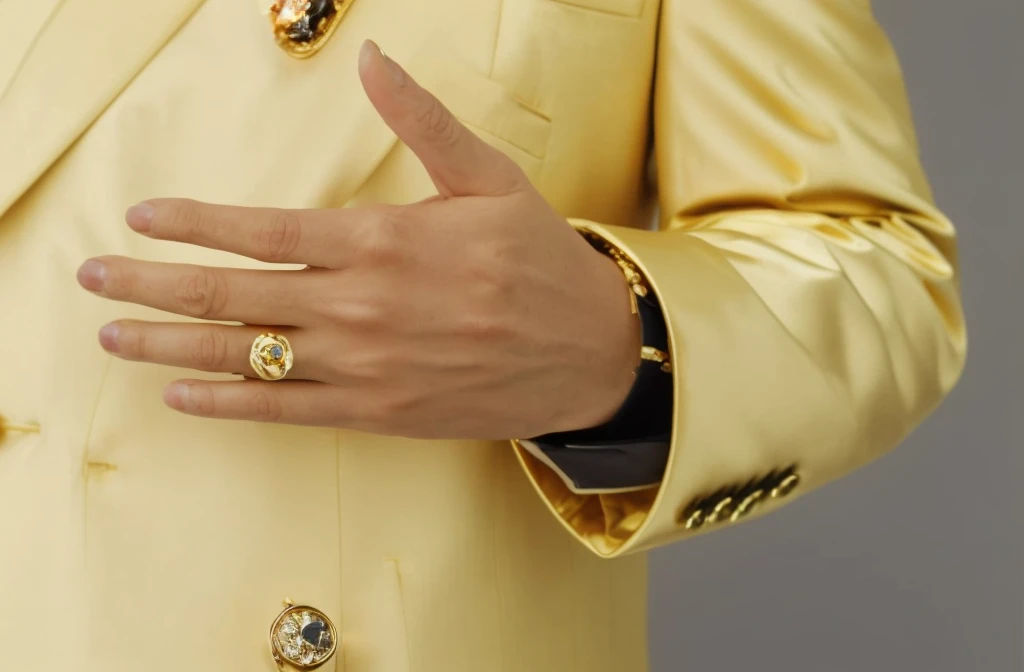 sharp man in a yellow suit with a gold ring on his finger, gold rings, gold plated, rapper jewelry, sam hyde in gold suit, gold jewelry, point finger with ring, photo of a hand jewelry model, gold suit, segurando ouro, wearing gold jewelry, gold jewellery, gold clothes, realistic gold, using two metal rings
