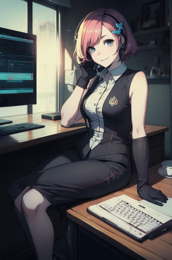 masterpiece, Highest quality, Twitch-chan, Hair Clip, hair ornaments, Collared shirt, No sleeve, tie, gloves, sitting behind a desk, View your viewers, smile, wave hands, bedroom, bed, computer mouse, keyboard
