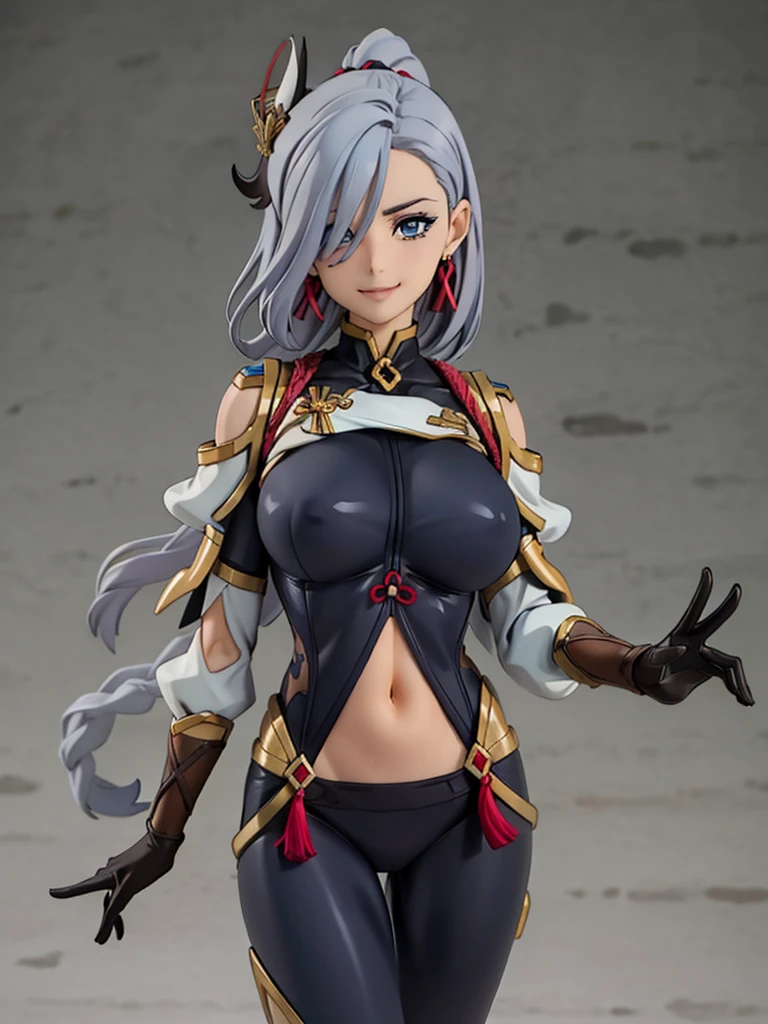 earrings, braided ponytail, puffy sleeves, gold trim, gloves, bodysuit, breast curtain, shoulder cutout, covered navel, hip vent, clothing cutout, tassel, (luxury livingroom background), ShenheV4, anime cels style, best quality, high resolution, 1girl, (huge breasts:1.2), beautiful face, grey hair, long hair, hair ornament, hair over one eye, blue eyes, cowboy shot, smiling