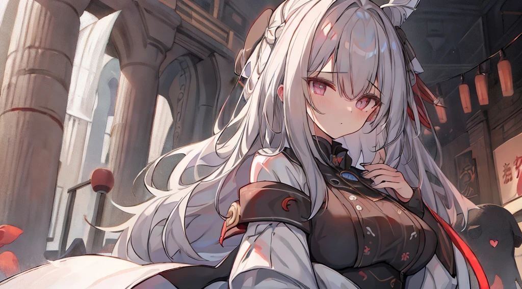 top-quality、Top image quality、tmasterpiece、girl vs.......((18yr old、White dress、best bust、Bust 85、A white-haired woman、Long gray hair、grey-eyed、red string，Black nails，we open our hearts、Happy、return blood)）high high quality、visual art、Background with((Black and white world))、Kurosawa film style
