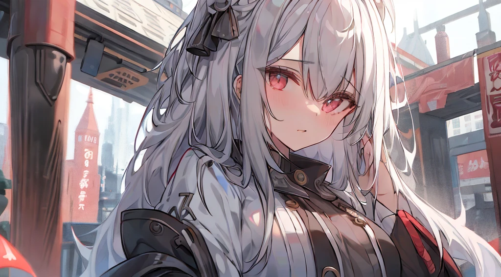 top-quality、Top image quality、tmasterpiece、girl vs.......((18yr old、White dress、best bust、Bust 85、A white-haired woman、Long gray hair、grey-eyed、red string,Black nails,we open our hearts、Happy、return blood))high high quality、visual art、Background with((Black and white world))、Kurosawa film style