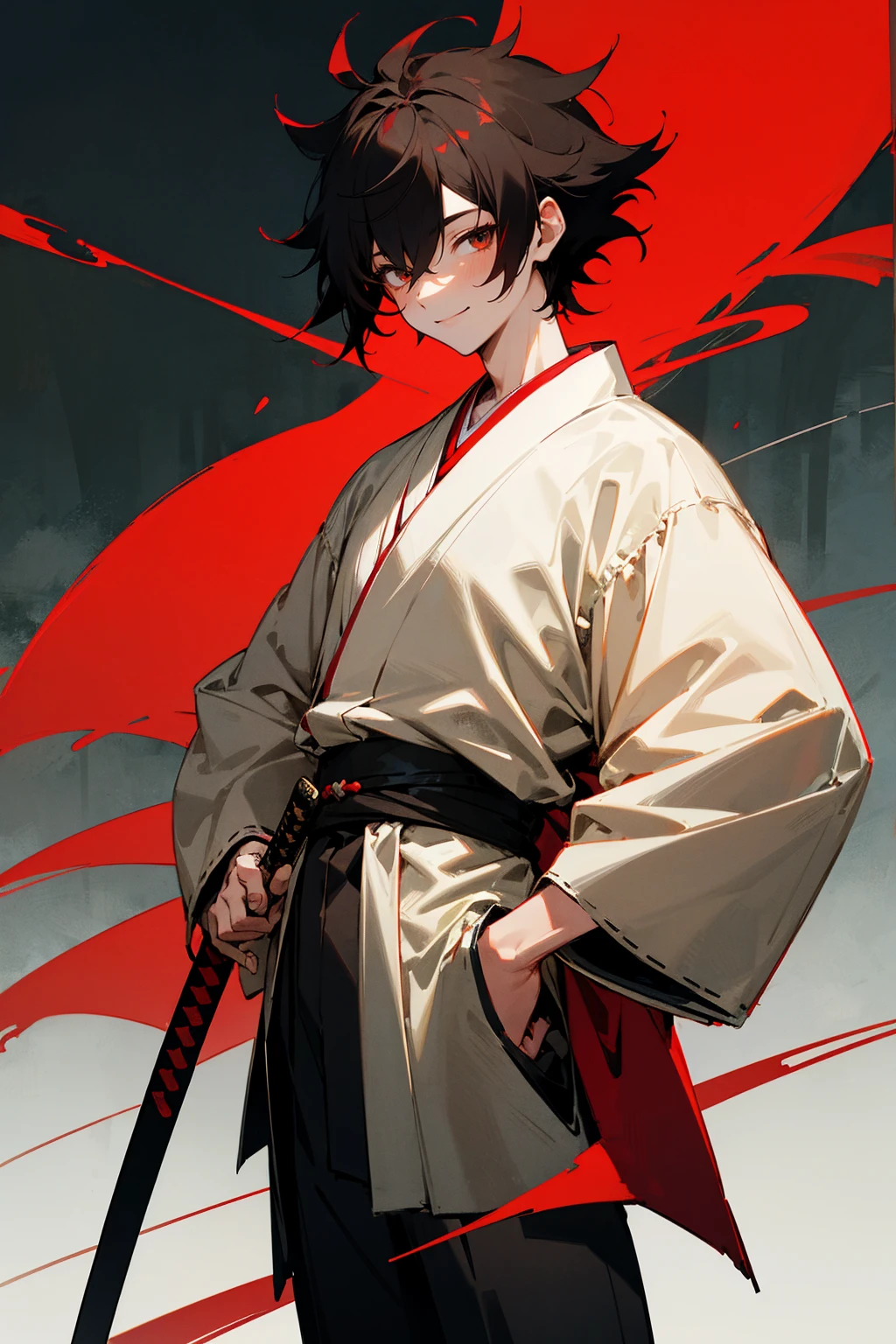 Masterpiece Quality, Perfect Generation, , Detailed Eyes, , Red And Black Short Messy Hair, White And Red Haori, Smiling Expression,, , , Standing, Facing Viewer, Male, , Clothed, Kimono, Night, Teen, , Sheathed Katana on hip, Standing In Forest,