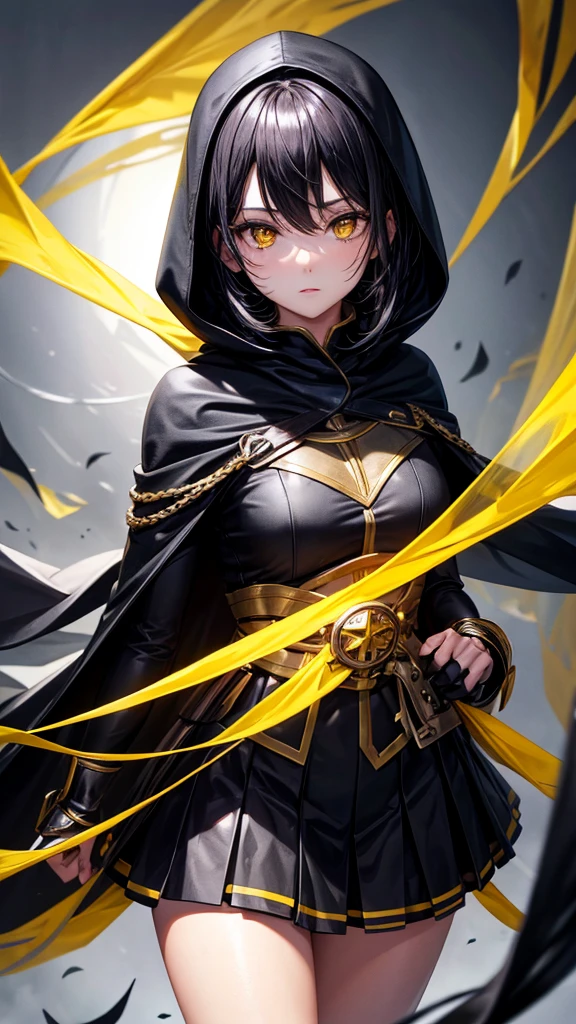 Create a girl offering her hand to the screen, That is black hair with yellow eyes and a black cape with a black hood