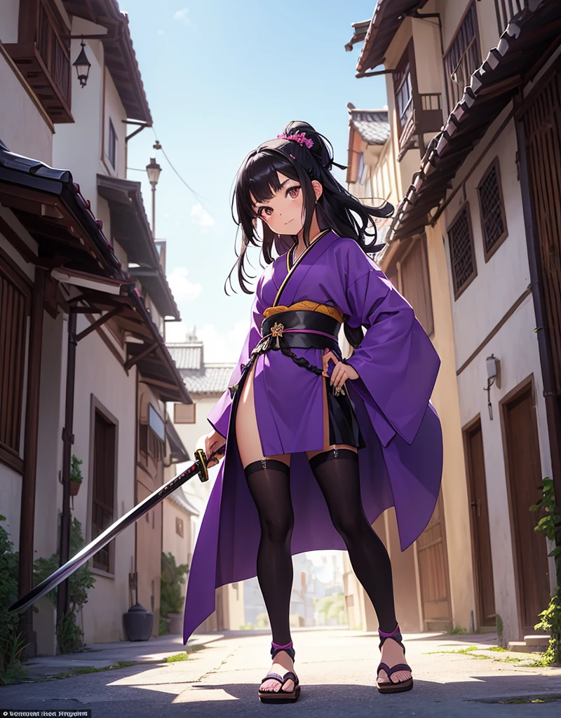 Young girl with black hair, brown eyes and olive skin, innocent and happy, wearing neon purple samurai kimono and sandals, weilding katana, fullbody, medieval castle background, athletic