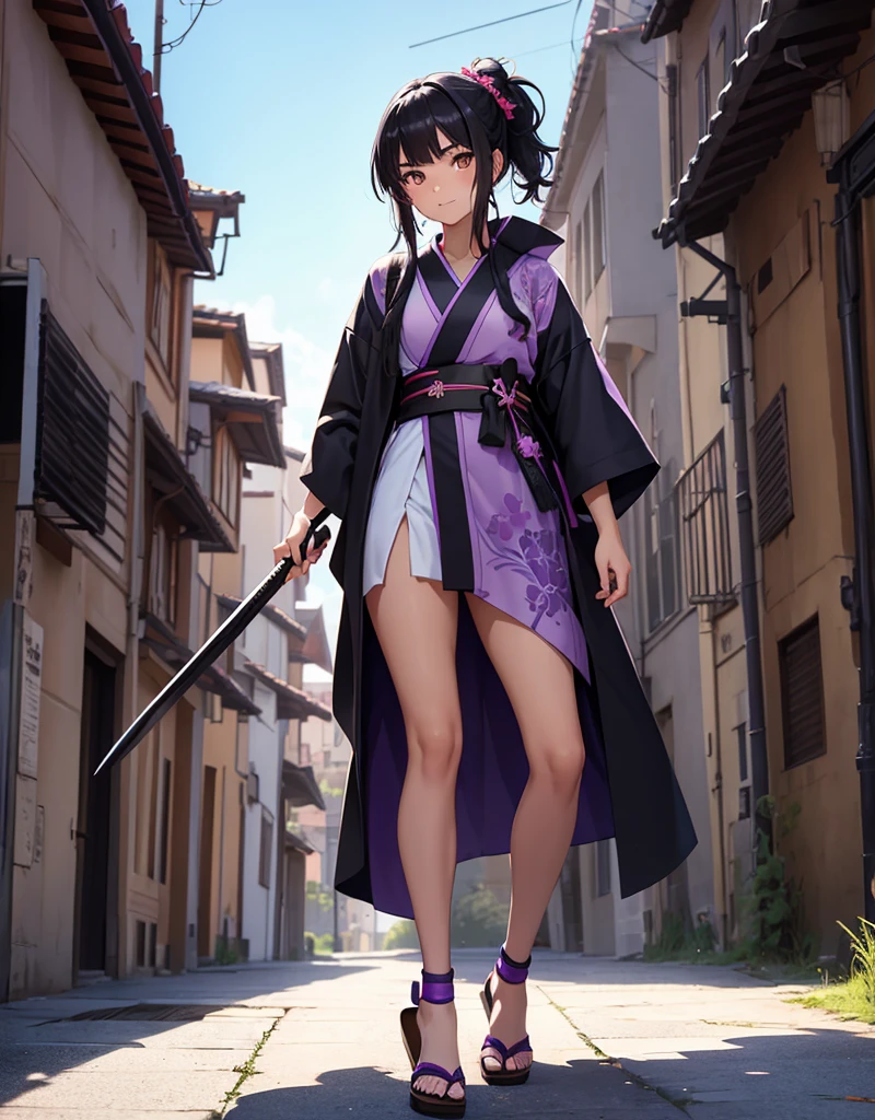 Young girl with black hair, brown eyes and olive skin, innocent and happy, wearing neon purple samurai kimono and sandals, weilding katana, fullbody, medieval castle background, athletic