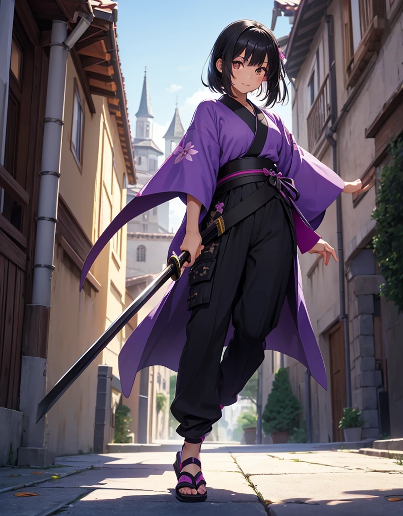Young girl with black hair, brown eyes and olive skin, innocent and happy, wearing neon purple samurai kimono and sandals, weilding katana, fullbody, medieval castle background, athletic