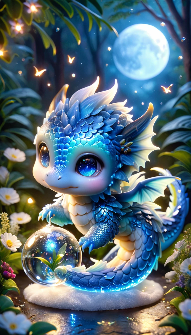 absurdres, highres, ultra detailed, HDR, master piece, light blue dragon, cute, best quality, blue moon, flowers, fantasy, magical, solo, water, blue shining fireflies, blue petals, fe cristal sphere, magic, small dragon