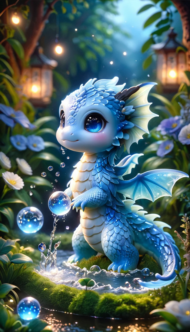 absurdres, highres, ultra detailed, HDR, master piece, light blue dragon, cute, best quality, blue moon, flowers, fantasy, magical, solo, water, blue shining fireflies, blue petals, fe cristal sphere, magic, small dragon