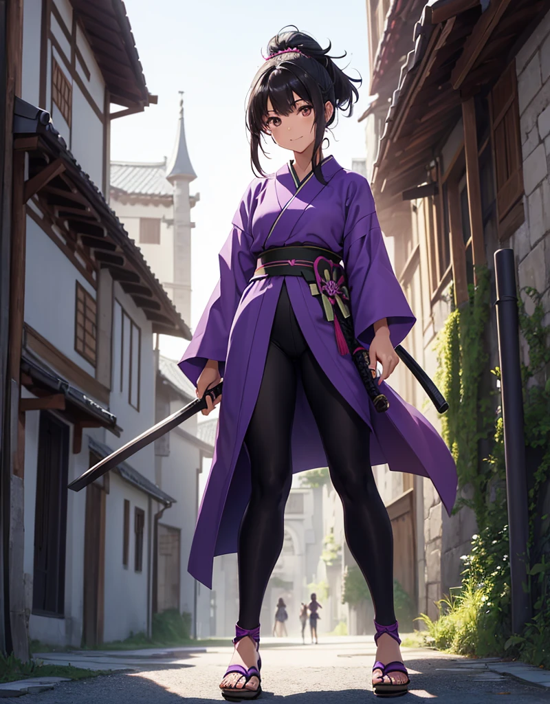 Young girl with black hair, brown eyes and olive skin, innocent and happy, wearing neon purple samurai kimono and sandals, weilding katana, fullbody, medieval castle background, athletic
