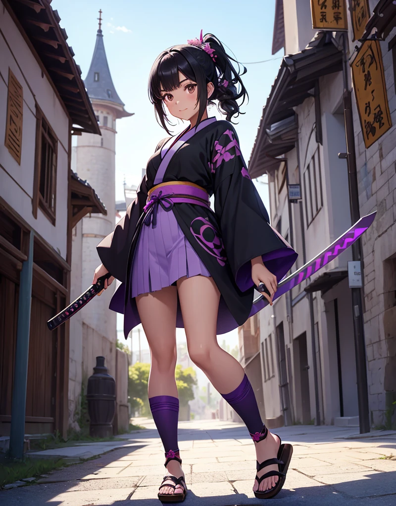 Young girl with black hair, brown eyes and olive skin, innocent and happy, wearing neon purple samurai kimono and sandals, weilding katana, fullbody, medieval castle background, athletic