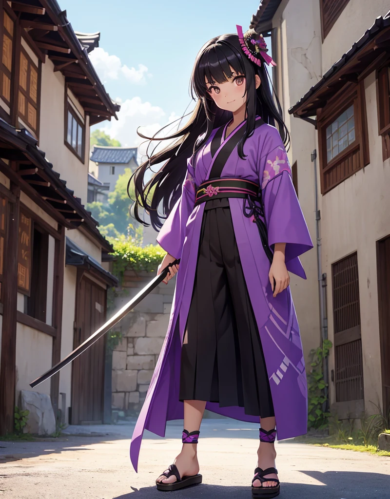 Young girl with black hair, brown eyes and olive skin, innocent and happy, wearing neon purple samurai kimono and sandals, weilding katana, fullbody, medieval castle background, athletic