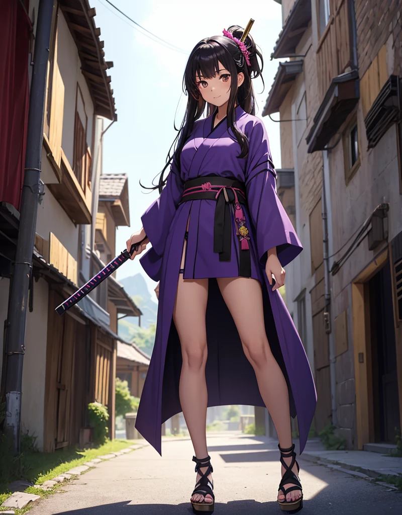 Young girl with black hair, brown eyes and olive skin, innocent and happy, wearing neon purple samurai kimono and sandals, weilding katana, fullbody, medieval castle background, athletic