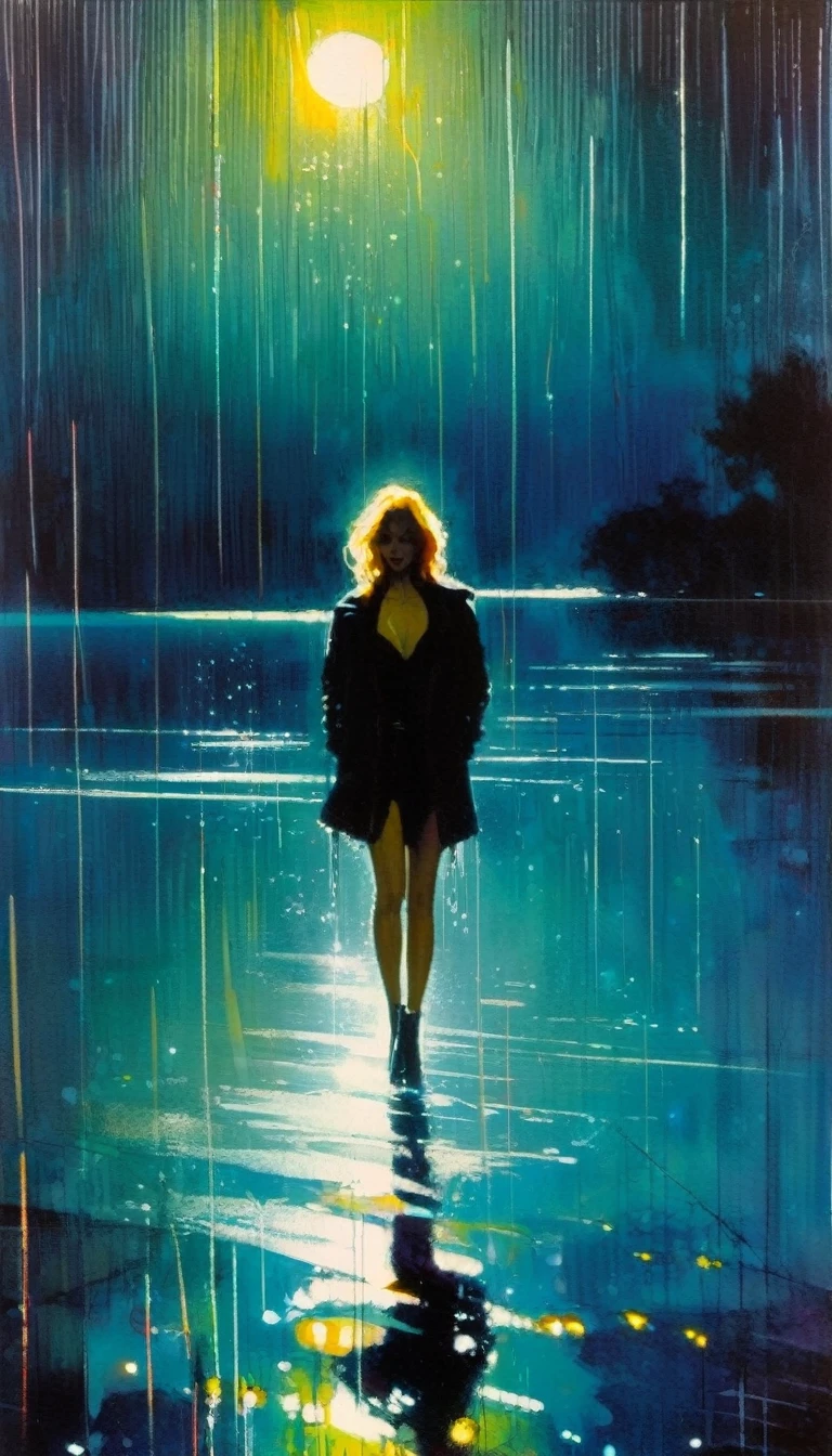 a lake, alone, sexy, night, rain (art inspired by Bill Sienkiewicz ). oil painting)