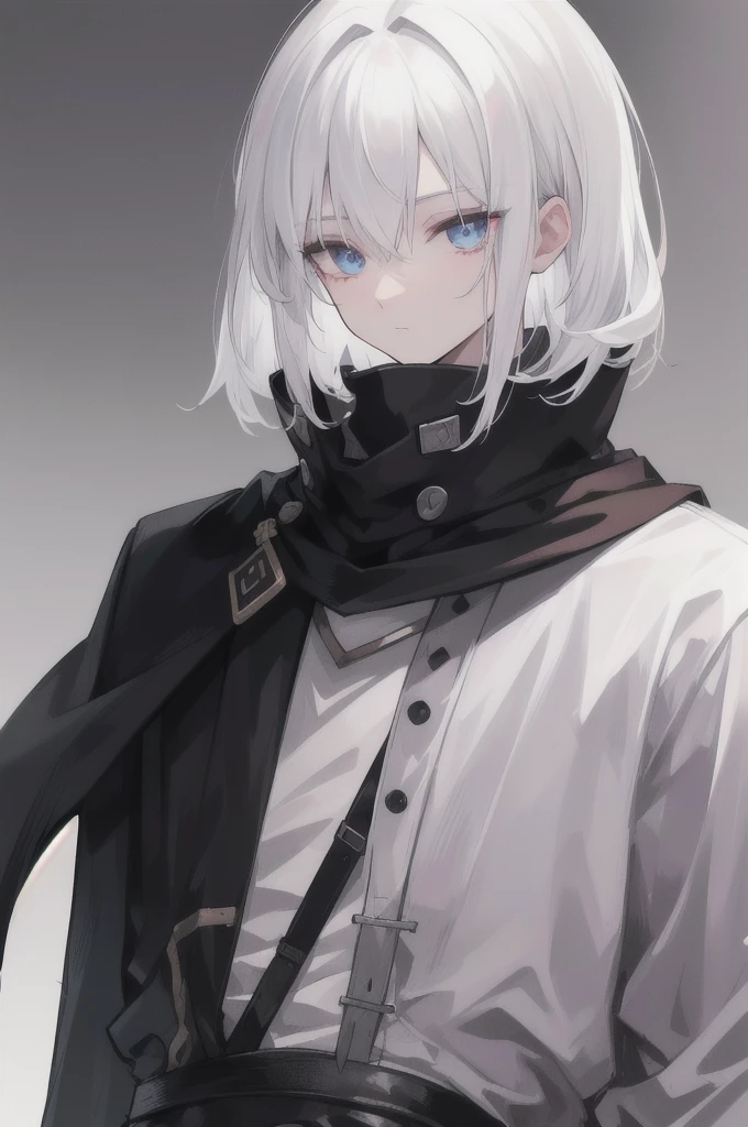 boy, white hair, eyes as black as darkness, black hunter's clothing