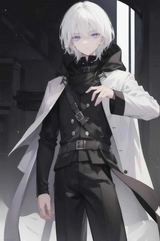 boy, white hair, eyes as black as darkness, black hunter's clothing