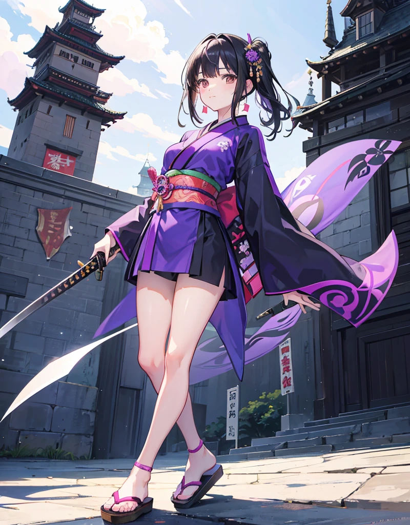 Young girl with black hair, brown eyes and olive skin, innocent and happy, wearing neon purple samurai kimono and sandals, weilding katana, fullbody, medieval castle background, athletic
