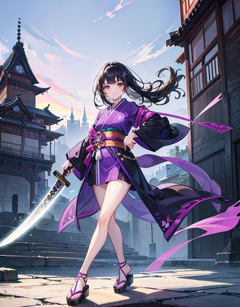 Young girl with black hair, brown eyes and olive skin, innocent and happy, wearing neon purple samurai kimono and sandals, weilding katana, fullbody, medieval castle background, athletic