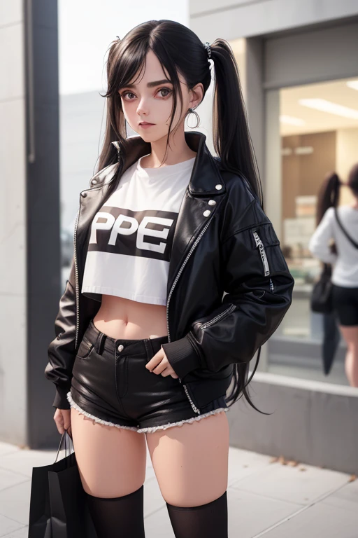 ((best quality), (hyperrealisti), mh-yk, 1 girl, standing alone, Bblack hair, eyes browns, long hair, wears a set of cropped shorts and a black jacket followed by knee-high socks,, big and fit ass,, twintails, Ar complete, hair rings, gazing at viewer,super excited with shopping bags(badass clothing) no shopping,de pé gazing at viewer