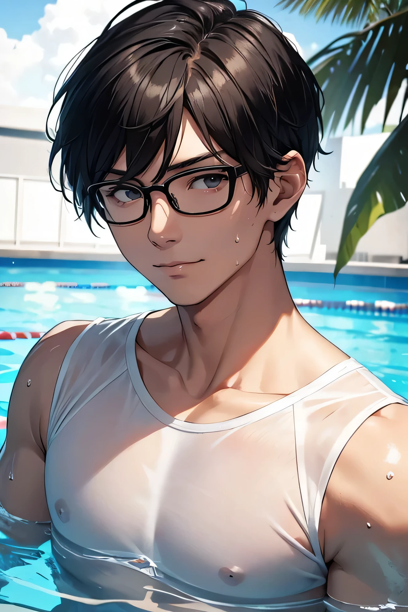 Handsome swimmer Handsome Japanese male models Fierce Short haircut 全身像Black t-shirt on the upper body soaked Black t-shirt on the upper body The lower body is a speed type white swimwear Bulge barefoot Wear glasses The lower body is a speed type white swimwear White swimwear Bulge looking at the camera Regular glasses Thin frame The black t-shirt on the upper body is plain Soaking wet smile Swimming Pool
