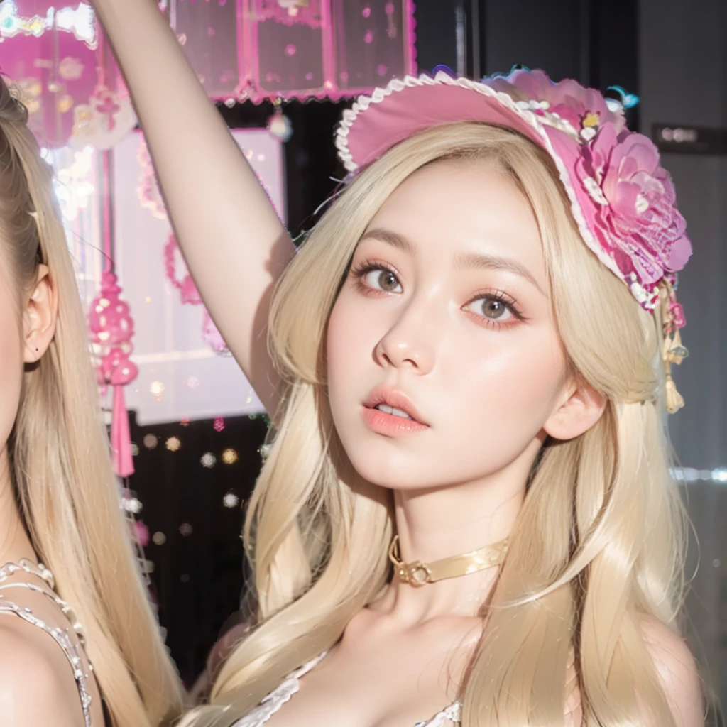 blond haired girls in pink hats posing for a picture, lalisa manobal, lalisa manoban of blackpink, belle delphine, Karina of aespa, ava max, jossi of blackpink, her face looks like an orchid, wearing a chocker and cute hat, long blonde hair and big eyes, ulzzang, ahegao face