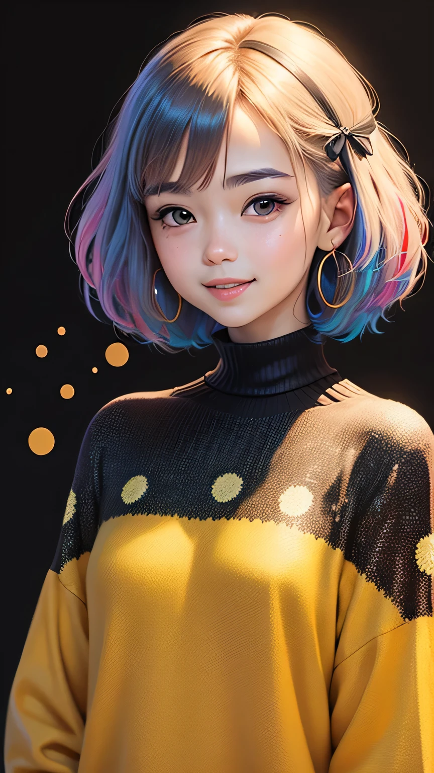 (masterpiece, best quality:1.2),illustration art,Kusama Yayoi's style,simple background,a beautiful girl,Skin detail processing,The eyes are very detailed,sweater,(((Speckled pattern))),green,blue,White,,black,smile