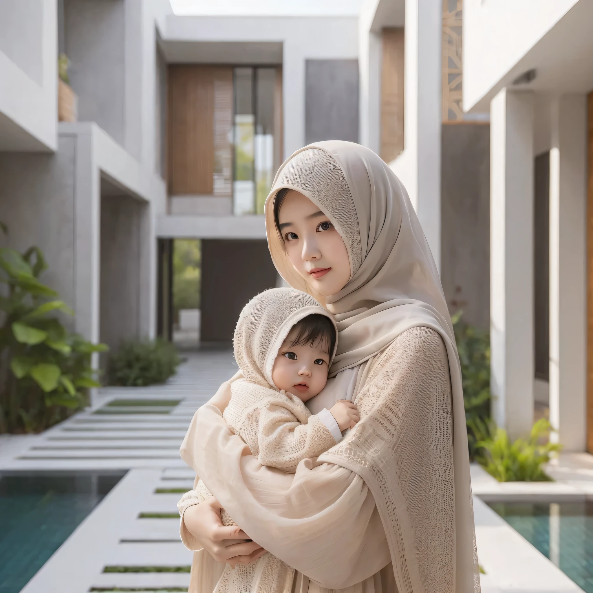 a beautiful Chinese girl, wearing a burqa, cuddles baby, standing in front of aesthetic minimalist house, highly detailed, masterpiece, ultra-detailed, 4k, 8k, high quality