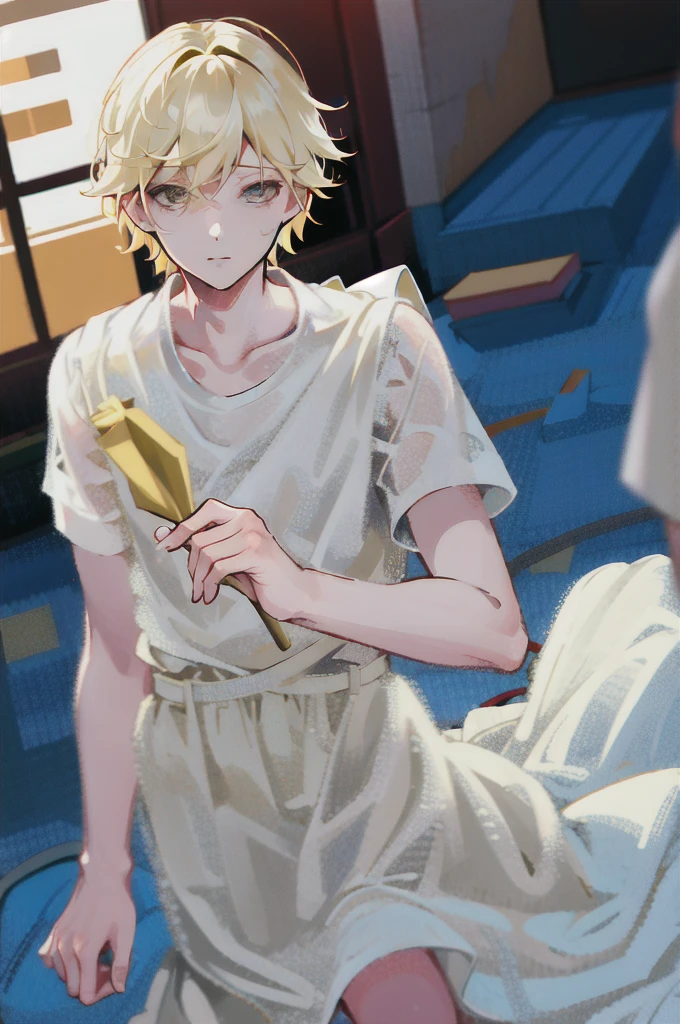 A boy with short straight light blonde hair, fair skin and light yellow eyes. He wears delicate white clothes.