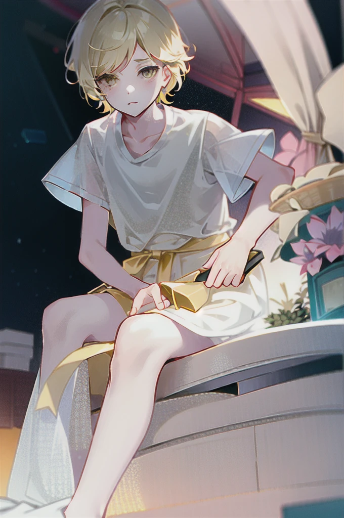 A boy with short straight light blonde hair, fair skin and light yellow eyes. He wears delicate white clothes.