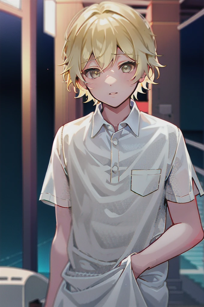 A boy with short straight light blonde hair, fair skin and light yellow eyes. He wears delicate white clothes.