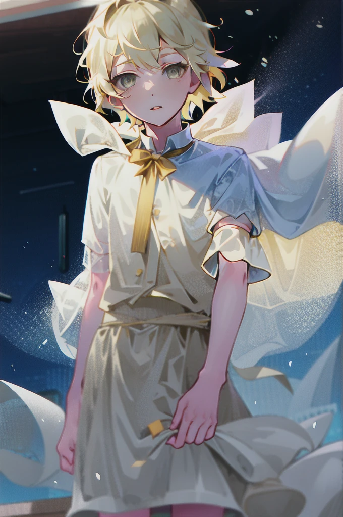 A boy with short straight light blonde hair, fair skin and light yellow eyes. He wears delicate white clothes.